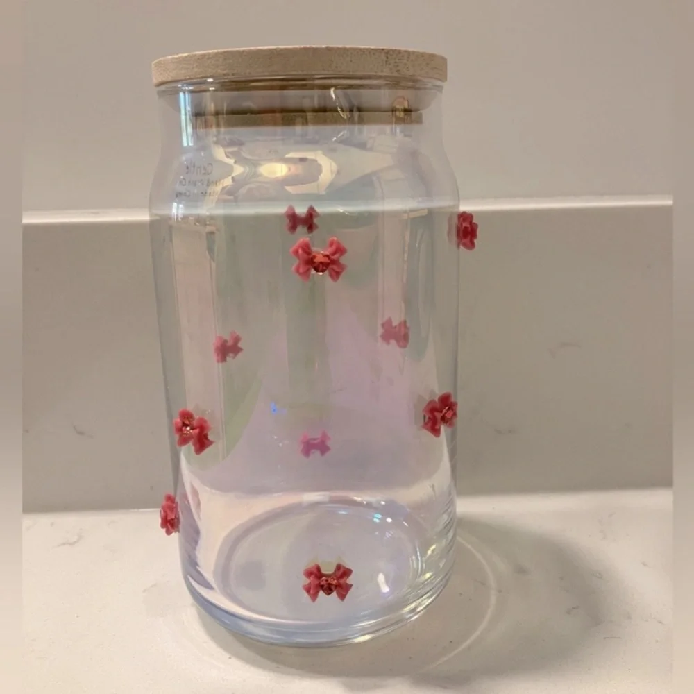 Pink Bow Glass Tumbler Cup Coquette Aesthetic Wooden Lid Handcrafted NWOT